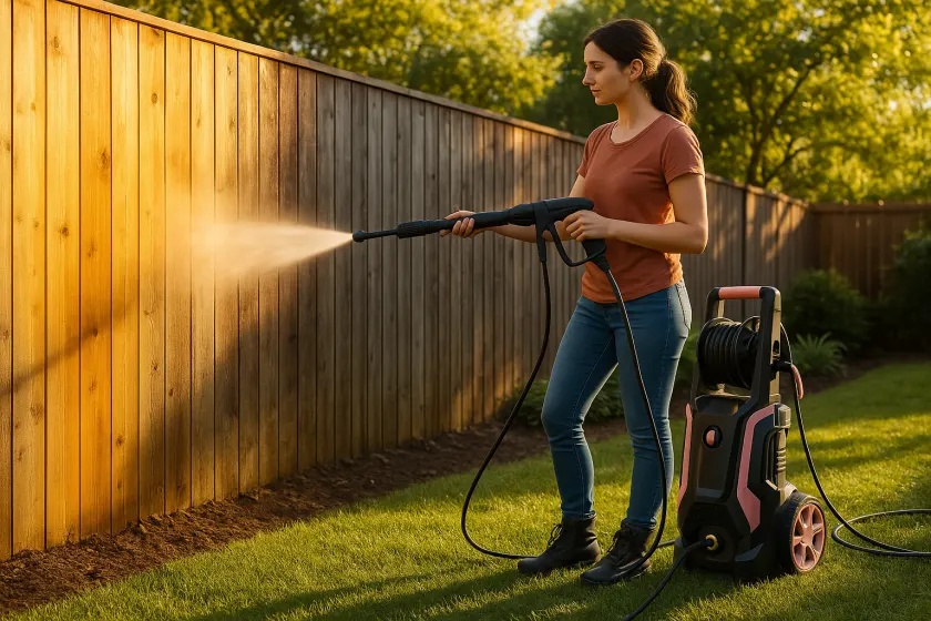 A woman pressure-washing her timber fence back to fresh wood